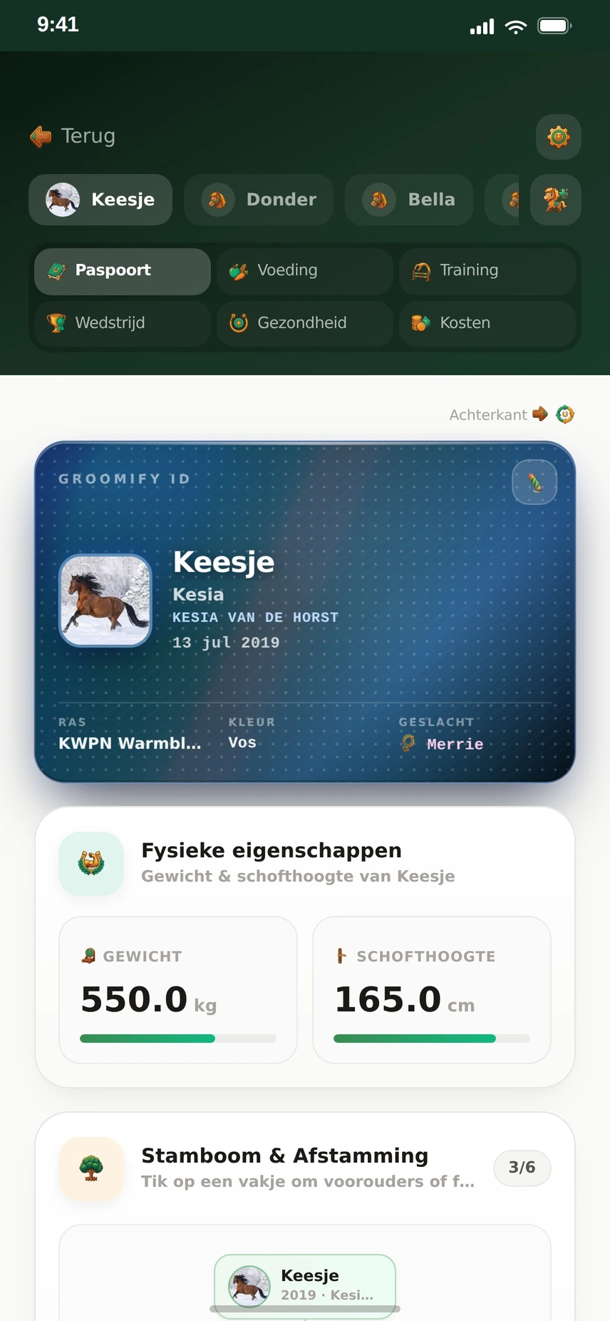 Groomify App — Paspoort & Stamboom